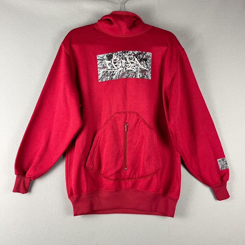 Graphic Print Hoodie Mens Large Red Zip Pocket Graffiti Skater Grunge 90s Y2k